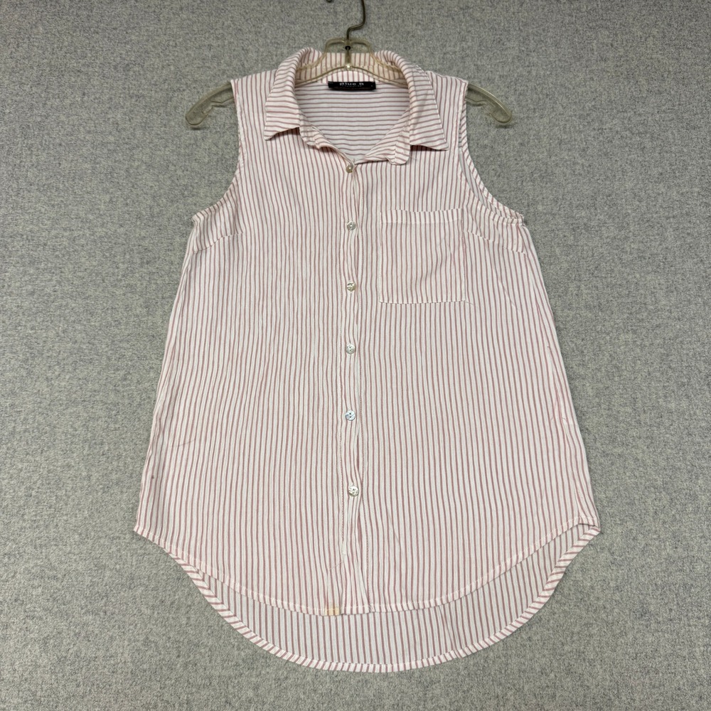 Blue B | Sleeveless Button Down Top | Small | Pink White Stripe | Pocket 30214T